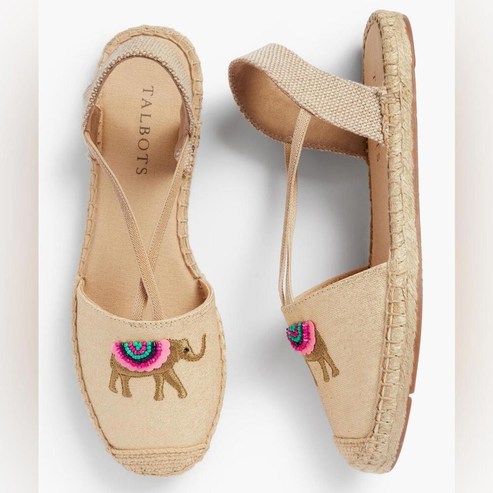 Talbots Ivy Espadrille Flats in Light Metallic Gold Embroidered Elephant | 7.5